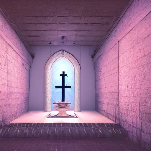 Prompt: vaporwave chapel, liminal space, high detail, rendered in unreal engine, 3d render, god rays, volumetric lighting, large windows, vegetation