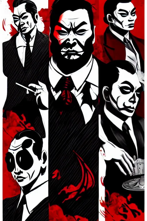 Image similar to chinnese mafia, with black suit and red tissue, some of leader have dragon tatto. digital art, concept art, pop art, bioshock art style, accurate, detailed, gta chinatown art style, cuphead art style, dynamic, face features, body features, ultra realistic, smooth, sharp focus, art by richard hamilton and mimmo rottela