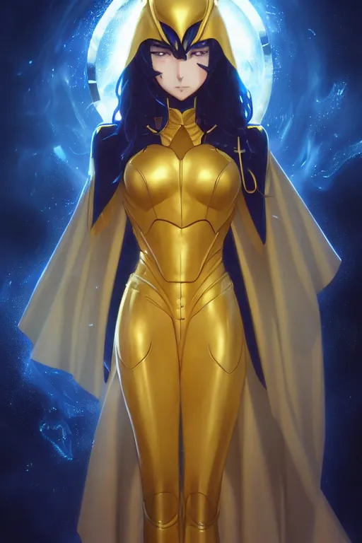 Image similar to anime key visual of a beautiful young female doctor fate!! intricate, cape, glowing, powers, dc comics, cinematic, stunning, highly detailed, digital painting, artstation, smooth, hard focus, illustration, art by artgerm and greg rutkowski and alphonse mucha