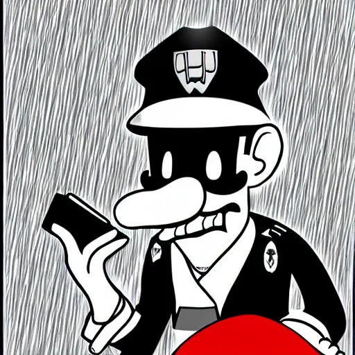 Image similar to Waluigi as a police officer pulling you over during the rain storm. Digital Art, Wario-cop partner is staring at you, sinister lighting