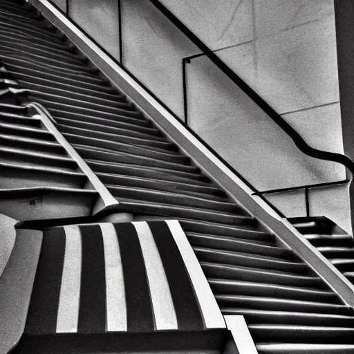 Image similar to black and white surreal photograph, highly detailed vast space made of stairsteps, sideview, detailed textures, natural light, mist, architecture photography, film grain, soft vignette, sigma 1 4 mm f / 1. 4 1 / 1 0 sec shutter, imax 7 0 mm footage