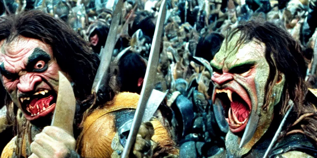 Prompt: A full color still from a Stanley Kubrick film featuring an actor dressed as angry Orcs, waving swords, closeup, 35mm, 1970