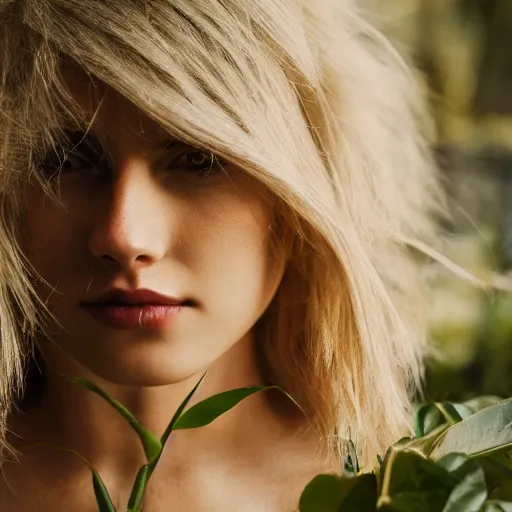 Image similar to a beautiful blond girl made from plants, full body shot, symmetrical face, pretty face, 8 k, shallow depth of field, moody lighting, cinematic lighting,