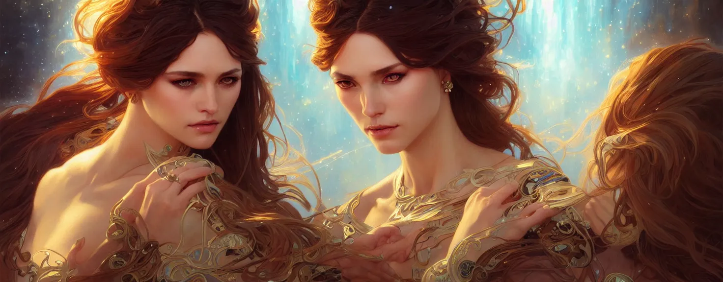 Image similar to fantasy magic woman portrait, sci-fi, amber eyes, face, long hair, fantasy, intricate, elegant, highly detailed, digital painting, artstation, concept art, smooth, sharp focus, illustration, art by artgerm and greg rutkowski and alphonse mucha