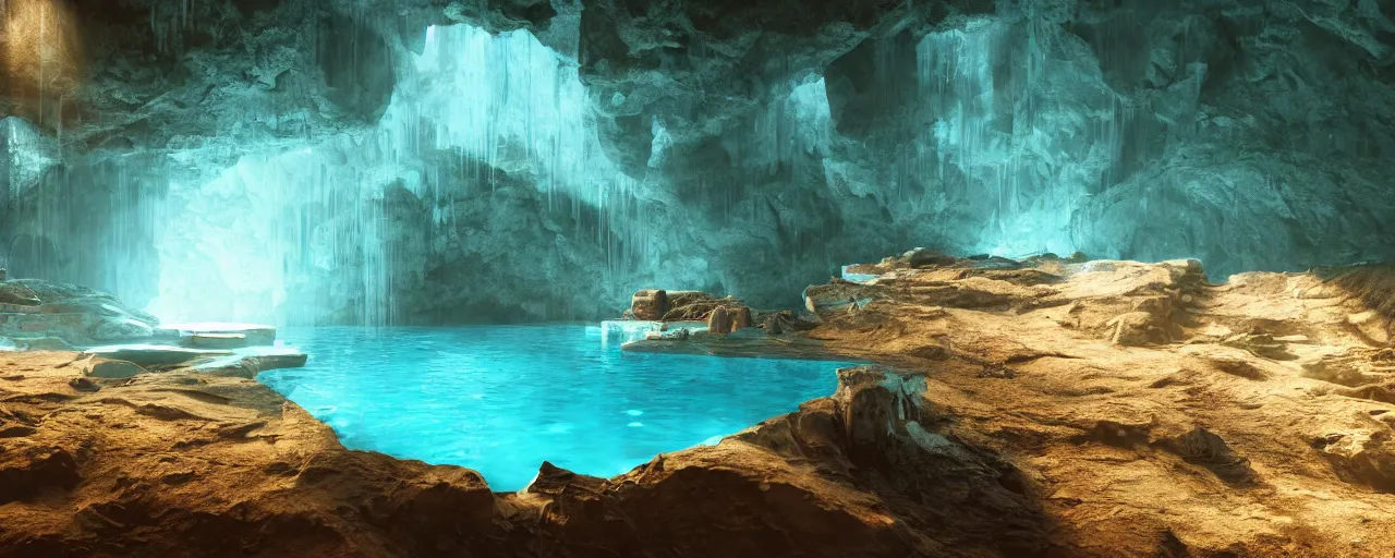 Image similar to Beautiful derelict ancient mountain cave with remanence of ancient life, volumetric lighting beaming through a crack in the roof shining on a turquoise clear pool. A soft glow slightly dusty atmosphere. Wallpaper. Ultra HD, V-ray, Octane Render, 8k, Sharp, Detailed, Maximalism. Stunning