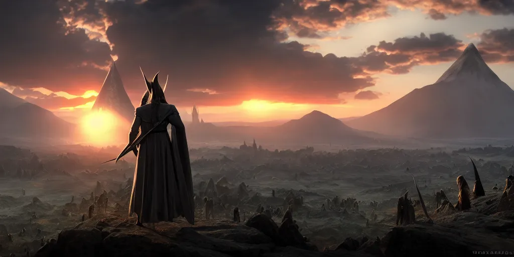 Prompt: a angel in the lord of the rings scenery landscape, looking at the sauron army in the distance, mysterious ， stream, sunrise, wallpaper ， god's rays highly detailed, vivid color, cinematic lighting, perfect composition, 8 k, gustave dore, derek zabrocki, greg rutkowski, belsinski, octane render