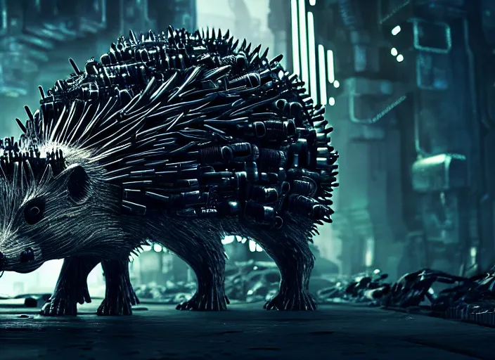 Prompt: intricate terminator hedgehog, on the background of a weird magical mechanical forest. Very detailed 8k. Fantasy cyberpunk horror. Sharp. Cinematic post-processing. Unreal engine. Nanite. Ray tracing. Parallax. Tessellation