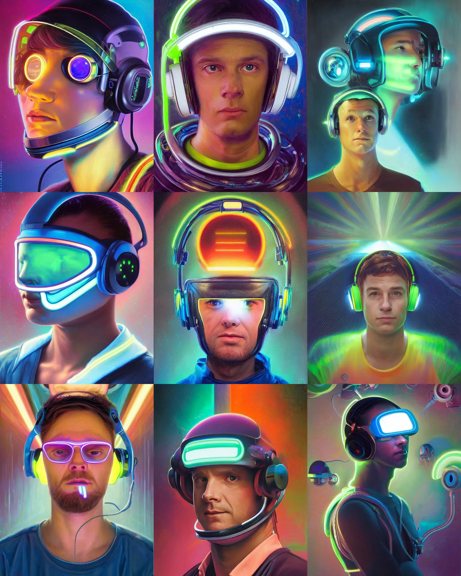 Prompt: future coder looking on, glowing visor over eyes and sleek neon headphones, neon accents, desaturated headshot portrait painting by donato giancola, dean cornwall, rhads, tom whalen, alex grey, alphonse mucha, astronaut cyberpunk electric fashion photography slight stubble