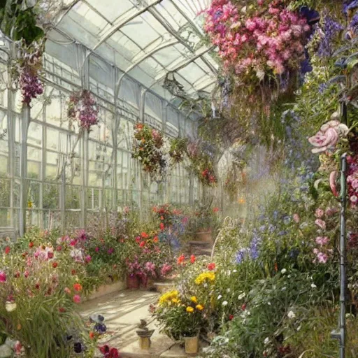 Image similar to a beautifull intricate watercolour painting of a greenhouse with many flowers, reflexions, verry high details by william turner art, greg rutkowski and alphonse mucha, trending on artstation, very very detailed, masterpiece