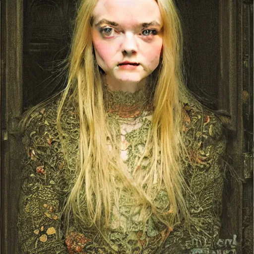 Prompt: professional painting of Elle Fanning in the style of John Atkinson Grimshaw, head and shoulders portrait, symmetrical facial features, smooth, sharp focus, illustration, intricate, stormy weather, extremely detailed masterpiece,