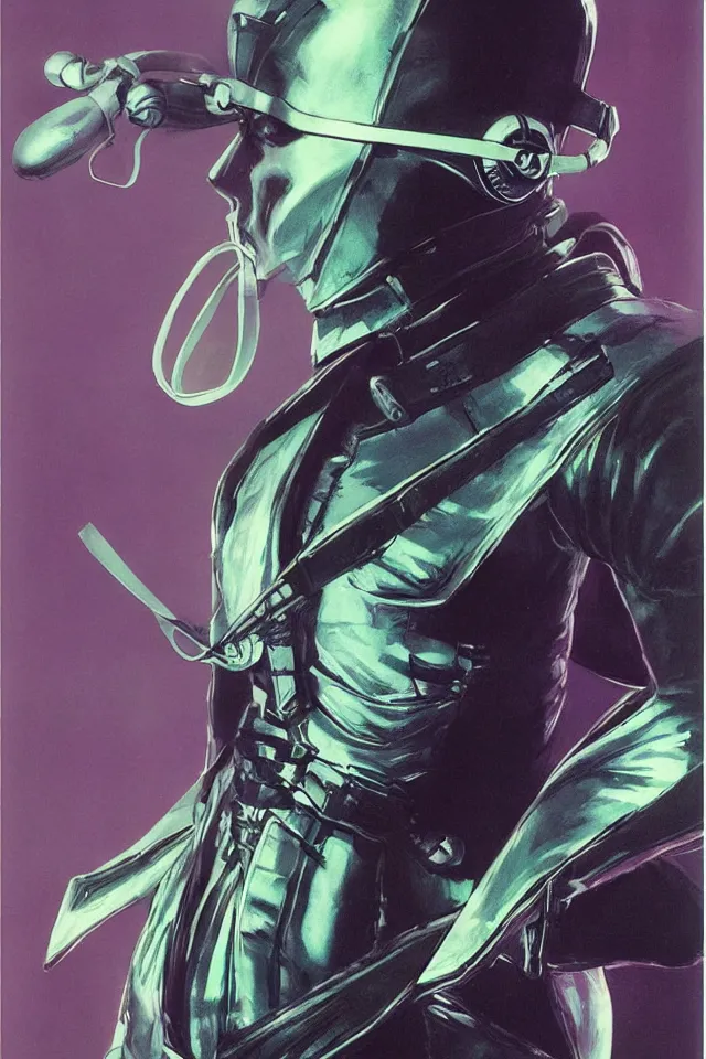 Prompt: character design, portrait, ninja gaiden in a suit made of iridiscent fabric, radio goggles, iridiscent, by syd mead, tim walker, roger deakins