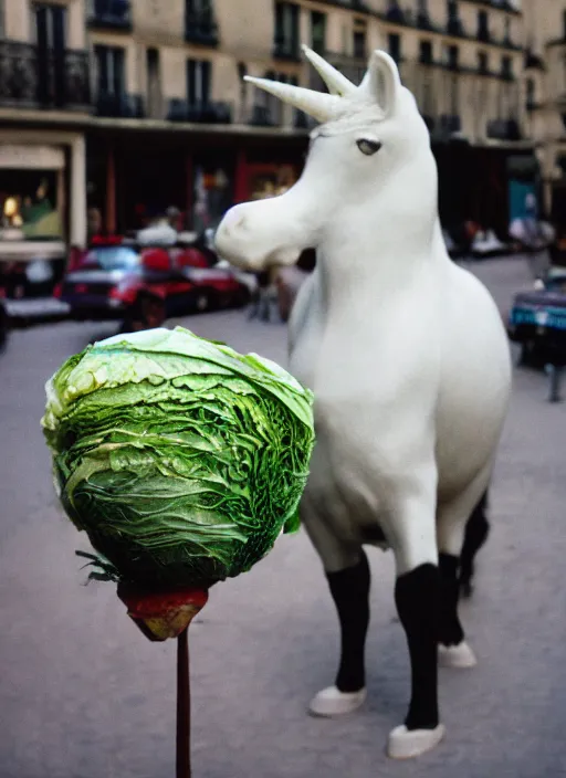 Image similar to a unicorn in paris, a cat and a piece of cabbage are bursting out of the unicorn, lsd, canon 5 d 5 0 mm lens kodachrome