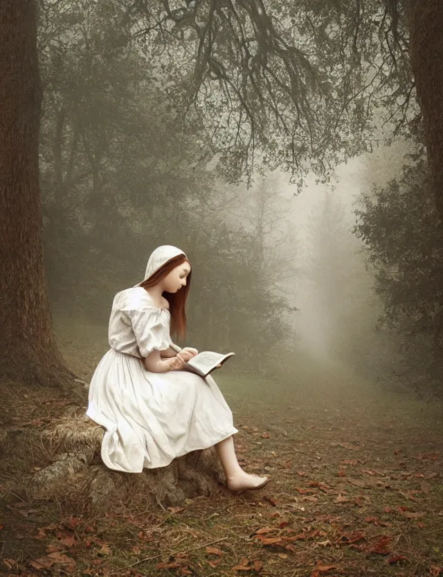 Image similar to peasant Girl in white reading a book sitting on a tree in a foggy forest, Cinematic focus, Polaroid photo, vintage, neutral colors, soft lights, by Steve Hanks, by Serov Valentin, by lisa yuskavage, by Andrei Tarkovsky 8k render, detailed, oil on canvas