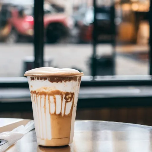 Prompt: hybrid of a latte and a toilet, fresh bakeries in the background, in a bright cafe, 3 5 mm, f 1. 8