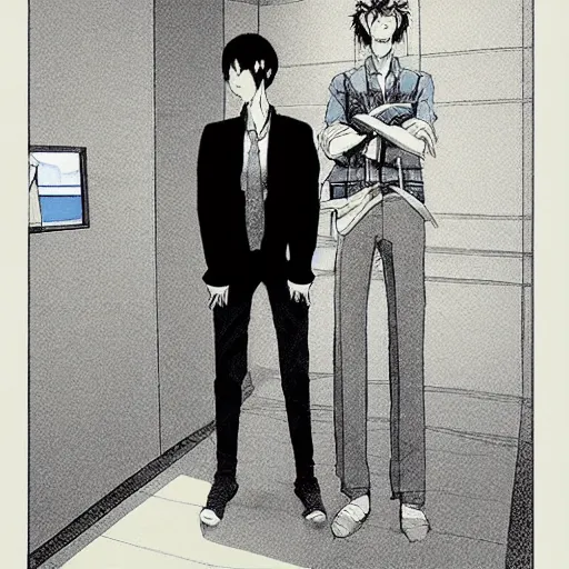 Prompt: manga illustration, two men standing at the edge of reality, dynamic perspective, y 2 k, unknown