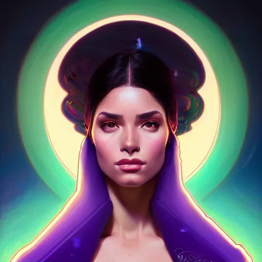 Image similar to Portrait of very very very very very very beautiful Latina woman, spacesuit, purple eyes, intricate, elegant, highly detailed, digital painting, artstation, concept art, smooth, sharp focus, illustration, art by artgerm and greg rutkowski and alphonse mucha