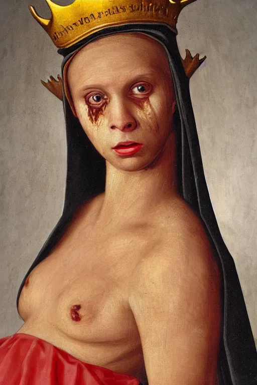 Prompt: hyperrealism close-up portrait of young beautiful nun obsessed with devil, rotten skin red skin, hyper detailed golden crown, dark background, in style of classicism
