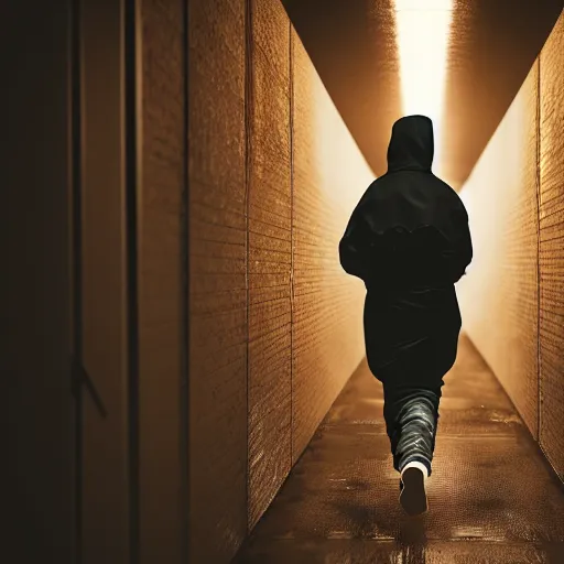 Image similar to woman holding shotgun runs down hallway, wearing black beanie and black bomber jacket, in an underground lab, MC Escher style architecture, sterile, unknown location, light and shadows, fire, bullet shells flying, 4k, cinematic, unreal engine