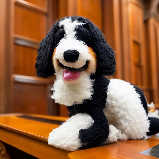 Image similar to a closeup photorealistic photograph of a cute smiling knitted bernedoodle judge dog dressed in a black gown, presiding over the courthouse. indoor image, professional capture, well lit shot. this 4 k hd image is trending on artstation, featured on behance, well - rendered, extra crisp, features intricate detail, epic composition and the style of unreal engine.