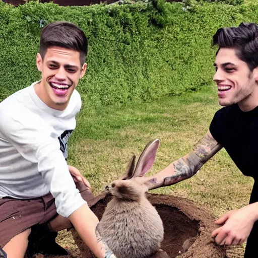 Image similar to pete davidson gleefully pulling a rabbit out of a hole