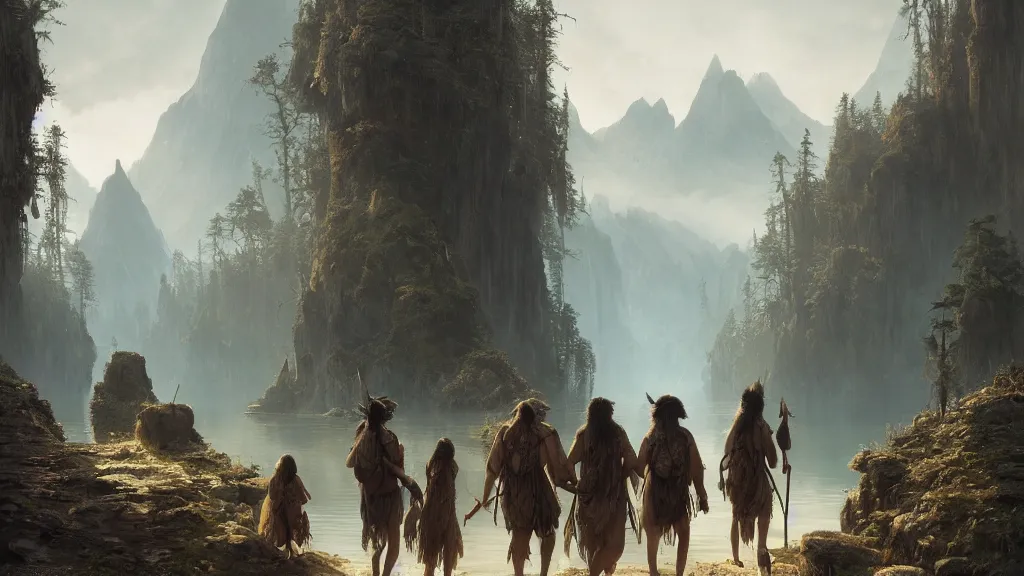 Image similar to highly detailed image of a group of indigenous travelers, walking in a line, traditional clothing, unreal engine, fantasy art by greg rutkowski, mountains, lake, hunter, by greg rutkowski, cgsociety, ferdinand knab, rossdraws, tom bagshaw, global illumination, radiant light, detailed and intricate environment