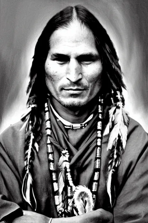 Image similar to Photo of Native American indian man Steve Jobs, portrait, skilled warrior of the Apache, ancient, realistic, detailed, Emma Watson