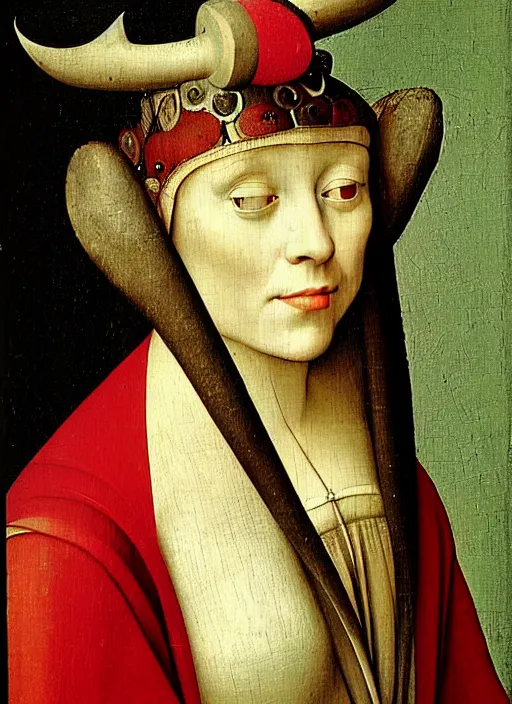 Image similar to portrait of young woman in renaissance dress and renaissance headdress, art by hieronymus bosch