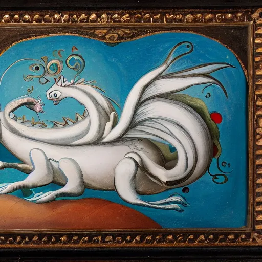 Prompt: an old painting of a white eastern bubble dragon with circular glasses, painting