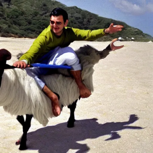 Image similar to Mr bean surfing on a goat