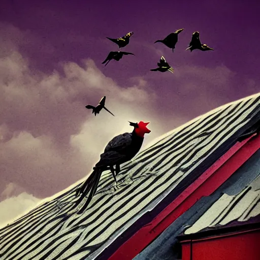 Image similar to A clown on the roof of the church playing with crows, futurist, digital art, dramatic lighting, symbolic