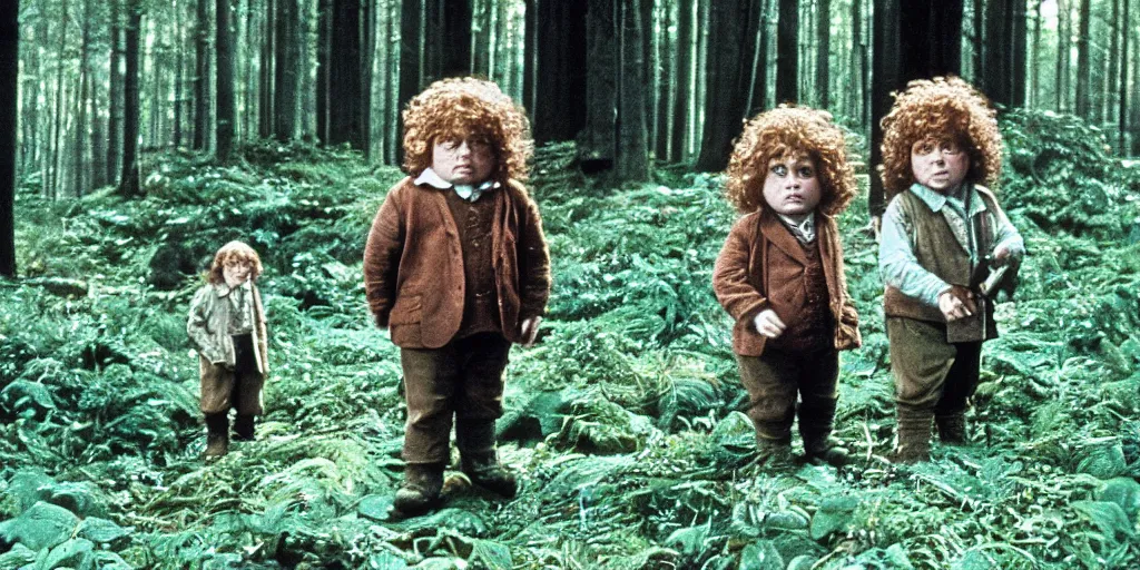 Prompt: A full color still from a Stanley Kubrick film featuring two hobbits with their backs to the camera, in a dark forest, 35mm, 1975