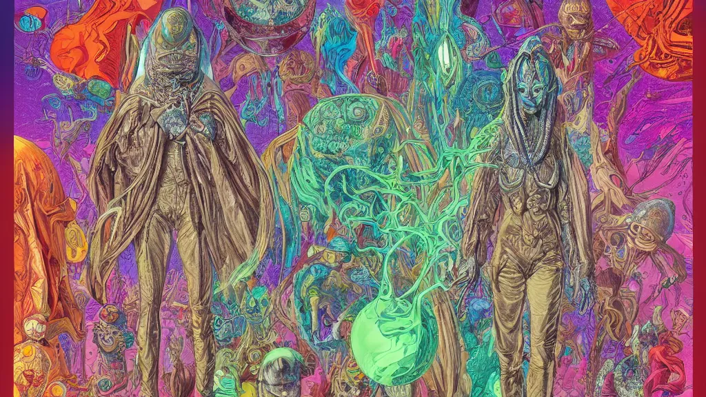 Prompt: colorful and vivid character sheet for an extraterrestrial with large bulbous head, religious robes, retrofuture, ernst haeckel, fantastic planet, moebius, valerian, coherent, illustration, digital art, trending on artstation, hd, 8 k, good lighting, beautiful, rough paper, masterpiece