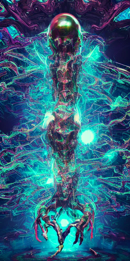 Image similar to impossibly beautiful alien god blots out the sun and unleashes an army of demons on the world, epic scale, intricate complexity, horror, psychedelic glitch art, rainbow drip paint, trending on art station, photoreal, 8k, octane render