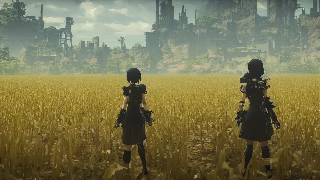 Image similar to Screenshot from Nier Automata in a beautiful countryside corn field