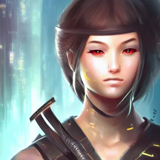 Image similar to closeup of a young cyberpunk samurai lady holding a sword, digital painting, anime style, Artstation, by Artgerm