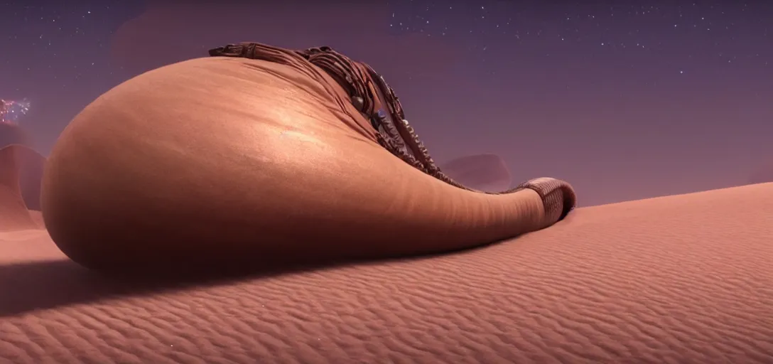 Image similar to pixar style animated shot of sha - hulud sandworm on arrakis, still of disney's dune ( 2 0 2 1 ), octane render, volumetric lighting, cinematic, 3 d animation