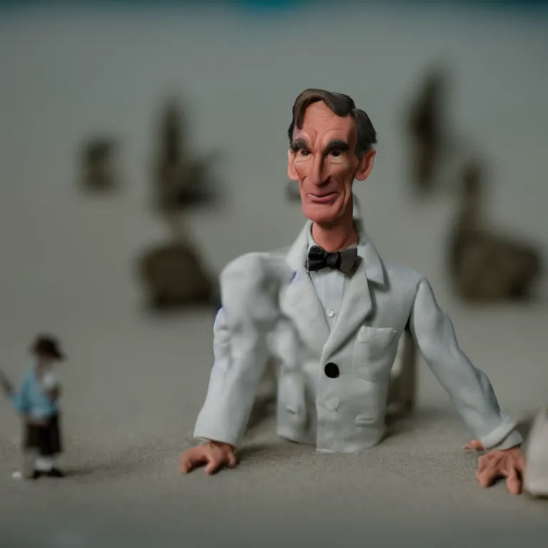 Image similar to a cinematic film still of a claymation stop motion film starring bill nye, shallow depth of field, 8 0 mm, f 1. 8