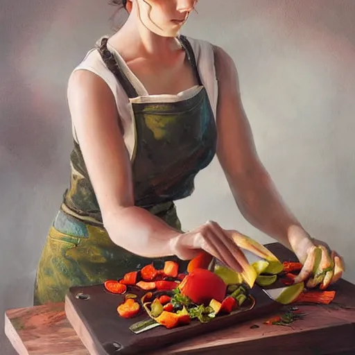 Prompt: a beautiful painting of a gorgeous young mother chopping vegetables on a weathered cutting board, representative of the art style of artgerm and wlop and peter mohrbacher