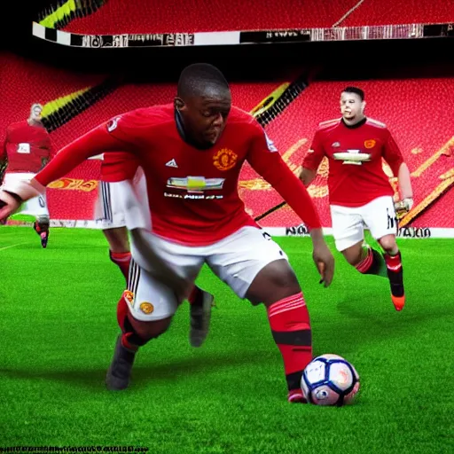 Prompt: morbidly obese men playing for man united, photorealistic, 4 k, dramatic, sharp focus