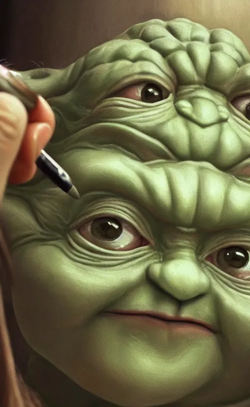 Image similar to beautiful detailed photorealistic painting of yoda putting on makeup in the mirror. hq, hd. detailed. trending on artstation