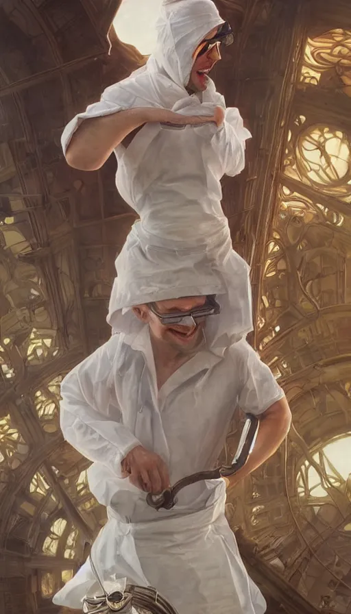 Prompt: crazy inventor, sweaty, white dity apron, goggles, insane, intricate, highly detailed, digital painting, artstation, concept art, smooth, sharp focus, illustration, Unreal Engine 5, 8K, art by artgerm and greg rutkowski and alphonse mucha