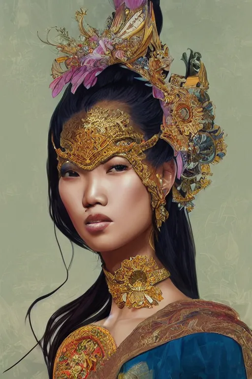 Image similar to portrait of an indonesian supermodels wearing traditional costume, highly detailed, digital painting, artstation, concept art, sharp focus, illustration, art by kittichai rueangchaichan and james gurney and alphonse mucha