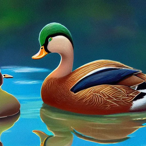 Prompt: A medium format portrait of a mallard duck encouraging a pretty girl that she’s going to have a great day and go on many adventures, in the style of Studio Ghibli, artstation, highly detailed, digital painting, smooth, 8k, elegant