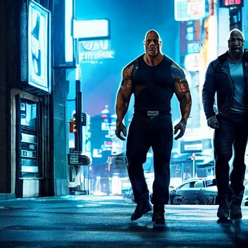 Prompt: Dwayne Johnson on the street in the night of cyberpunk city, bright lighting, high quality, ultra detailed , full body