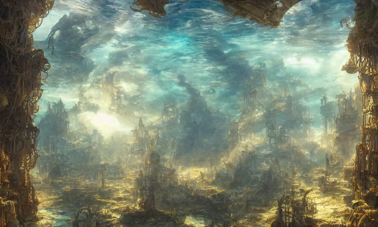 Image similar to a scenic landscaping view of the lost and abandoned city of Atlantic under water, ray of sunlight, mermaids in distance, Greg Rutkowski, Moebius, Mohrbacher, Mucha, blue and gold color scheme, ultra wide angle, ultra detailed, light effect