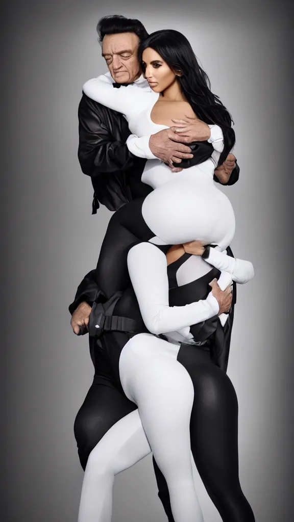 Image similar to johnny cash hugging kim kardashian, kim wearing a skintight nurse outfit, real photo, photoshooting, studio light, hospital background, intricate, epic lighting, cinematic composition, hyper realistic, 8k resolution, unreal engine 5