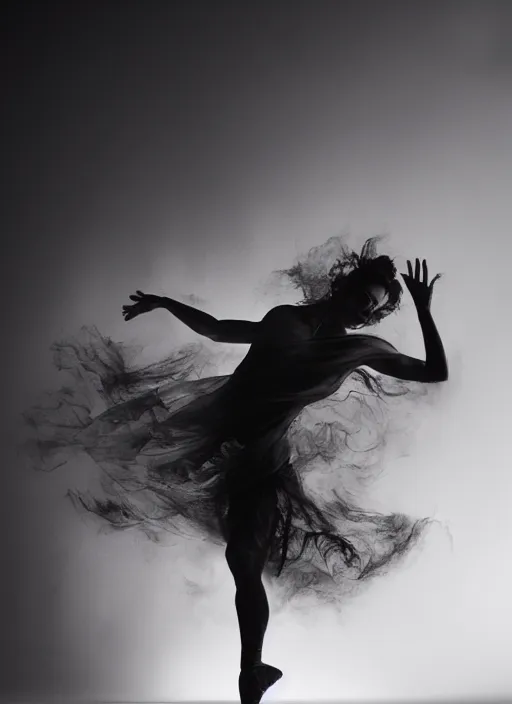 Image similar to a Photorealistic dramatic hyperrealistic render of a beautiful Female smoke dancer by Ken Brower and Deborah Ory of NYC Dance project,Lois Greenfield,Flowing cloth and smoke,Beautiful dynamic dramatic dark moody lighting,volumetric,shadows,cinematic atmosphere,Octane render,8K