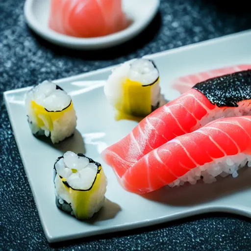 Prompt: a beautiful piece of nigiri sushi with a shiny slice of fatty tuna. served on a bowl with caviar and truffle shavings. professional photograph 3 5 mm with mood lighting. from a lucrative food magazine. 4 k super detailed.