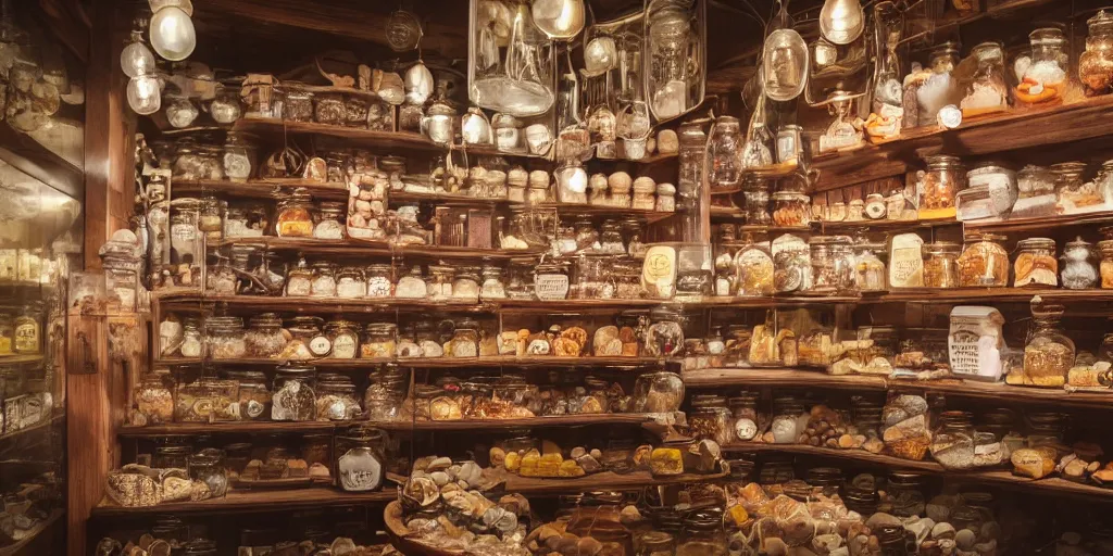 Prompt: Inside an old fashioned sweet shop, sweet jars on shelves, fantasy vendor interior, wide angle, cinematic, highly detailed, cinematic lighting , photorealistic