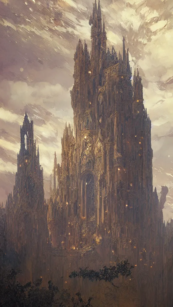 Prompt: a beautiful painting of an ancient many stories tall, narrow cylindrical tower, with arches and flying buttresses, at night with a sky full of stars, intricate, elegant, highly detailed, digital painting, artstation, concept art, by krenz cushart and artem demura and alphonse mucha